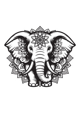 Elephant Mandala Coloring Page Line Art &ndash; Decorative Zentangle Elephant Illustration