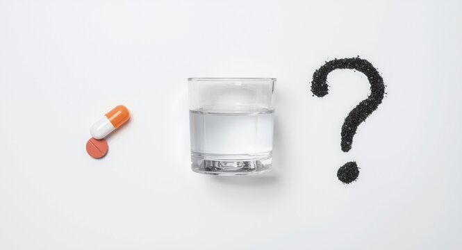 Arrangement representing incorrect prescription use with pills, water glass, and a questioning symbol