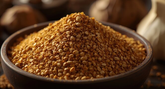 Close focused image of dried shikakai and soapnut powders displayed in bowl