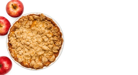 Fototapeta premium Apple crumb pie dessert with fresh apples on plain white background with copy space