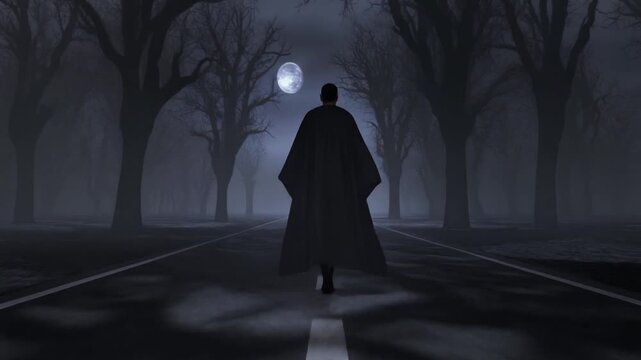 Mysterious figure walks on deserted road at night with full moon
