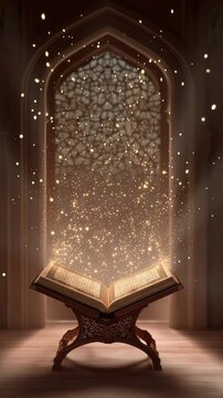 Spiritual Islamic Concept of Holy Quran Glowing with Light Sparks during Ramadan Kareem.