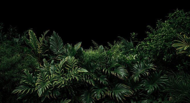 Dense tropical foliage garden with variegated leaves and lush bushes against a black background