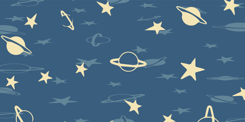 Hand-drawn celestial pattern with stars and planets on dark blue background. © AsyfaNur