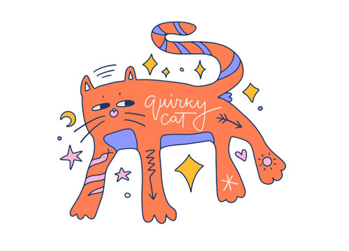 Quirky orange cat vector illustration with mystical tattoos and moon. Hand drawn cute weird animal character with uneven lines. Groovy abstract childish pet design for stickers and fun t-shirt print.
