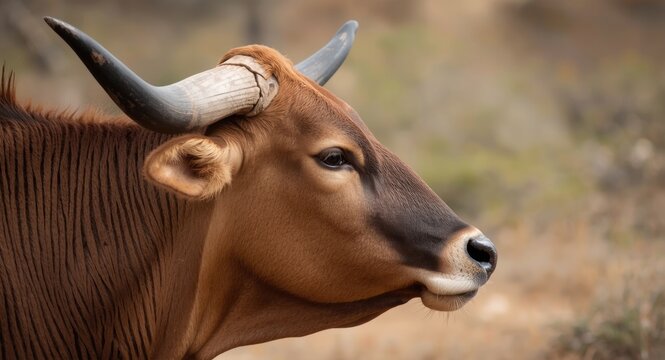 Close up side profile of a Nguni cow head showing unique horn curvature