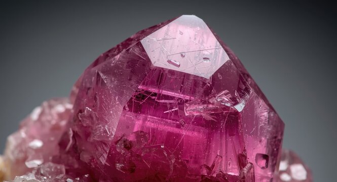 Close up on Spinel crystal with octahedral facets revealing natural growth textures and luster