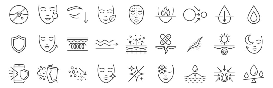 Skin concern benefits line icon set. Anti acne, wrinkle reduction, hydration droplet, barrier shield, cooling snowflake, overnight recovery outline vector illustrations. Signs for skincare treatment.