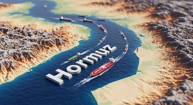 Aerial view of cargo ships navigating through the strategic Strait of Hormuz waterway