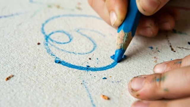 Child Drawing with Blue Crayon on Paper