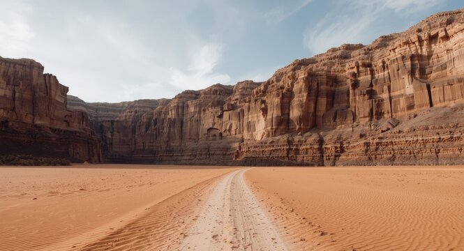 Desert pathway bordered by towering stone cliffs and golden sand