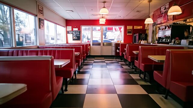 An empty American-style diner interior with red booths, tables, and a checkered floor