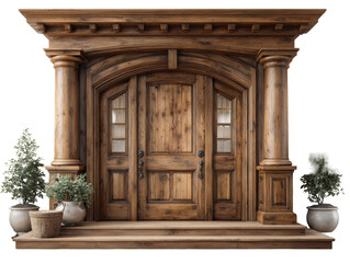 Obraz premium Ornate wooden front door with plants isolated on transparent background