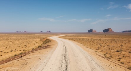 Dry desert with a winding gravel road forming natural copy space