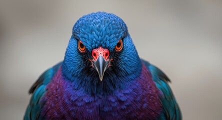 Close up wildlife image of a bird with fiery red eyes and bright blue feathers staring at camera
