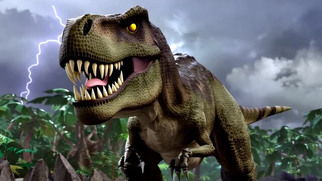 A hungry Tyrannosaurus Rex standing on a rocky terrain, mouth open, in a prehistoric forest landscape with dark clouds