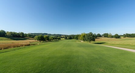 Obraz premium Wide view of countryside golf course with flourishing green terrain