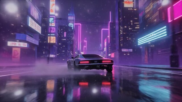 A sleek car speeds through a neon-lit city street on a rainy night with vibrant advertisements reflecting off wet pavement