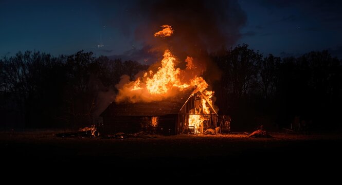 Blazing barn fire at night with smoke filling the air and dark silhouettes of trees nearby