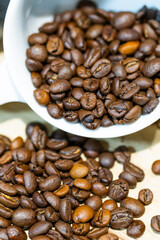 Fototapeta premium Coffee Shop Details with Espresso, Cappuccino, Coffee Beans and French Press Brewing Equipment 