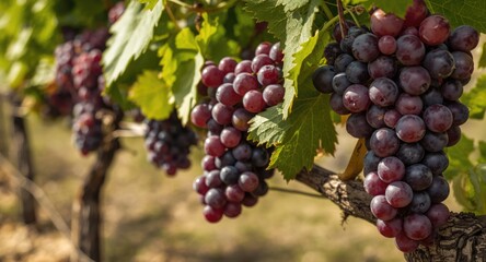 Naklejka premium Close up of ripe red Sangiovese grapes on the vine in vineyard setting
