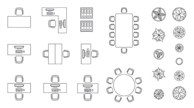 Top View Office Furniture Symbols Set: Desks, Chairs, Computers, and Cubicles in Architectural CAD Style