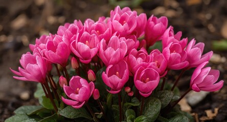 Naklejka premium Bright pink cyclamen flowers blooming resiliently in spring garden