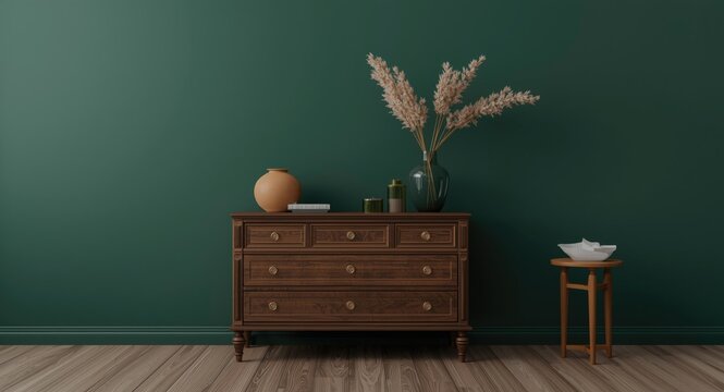 3D render of elegant living room interior with commode and decor against dark green wall mock up background