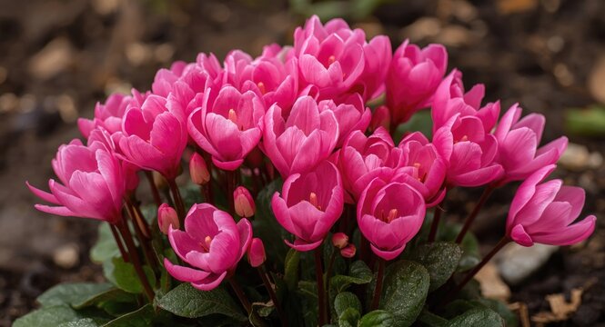 Bright pink cyclamen flowers blooming resiliently in spring garden