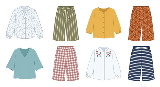 Vector collection of women's blouses and culottes pants with various patterns.

