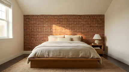 Cozy bedroom with exposed brick wall texture, natural light streaming through a window, and a neatly made bed inviting relaxation.