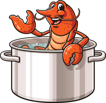 Cartoon lobster mascot soaking in a boiling pot