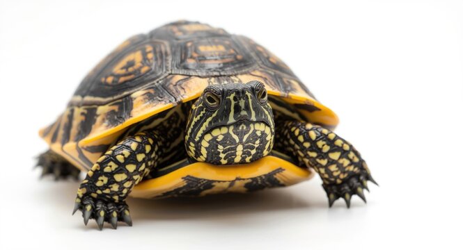 Close view of a European pond turtle's intricate yellow and black patterned shell on a white studio backdrop