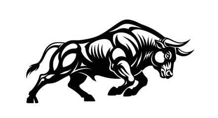 Fototapeta premium Black and White Bull Illustration Charging Forward.