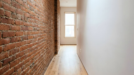 Exposed brick wall texture adds rustic charm to a cozy, sunlit hallway with wooden floors and minimalist decor.