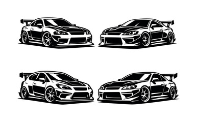 Fototapeta premium Black and white vector illustration of four sport cars in silhouette style