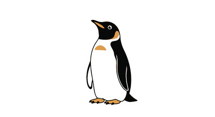 Fototapeta premium Small penguin stands in profile view with simple line art against a stark white background for easy editing.
