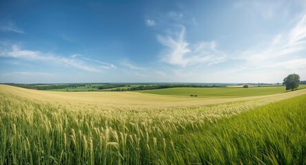 Fototapeta premium Relaxing buckwheat field panorama with pristine sky above