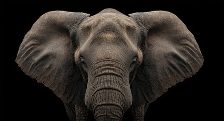 Close angle of a wild elephant emphasizing ear details on a black background