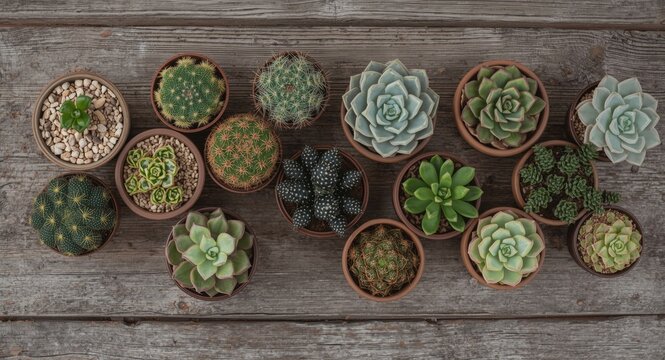 Assorted small succulents and cacti in pots arranged over rustic wooden table