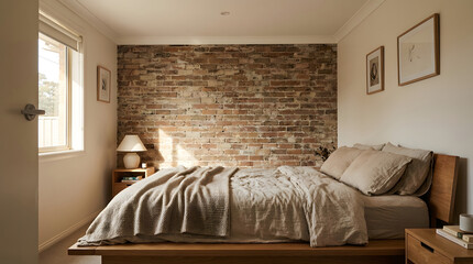 Cozy bedroom with exposed brick wall texture, natural light streaming through the window, creating a serene atmosphere.