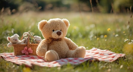 A charming teddy bear enjoying playtime on a picnic blanket in a warm sunlit meadow