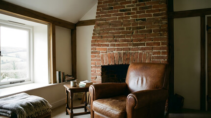Cozy living room with exposed brick wall texture, inviting leather armchair, and warm sunlight streaming through the window.