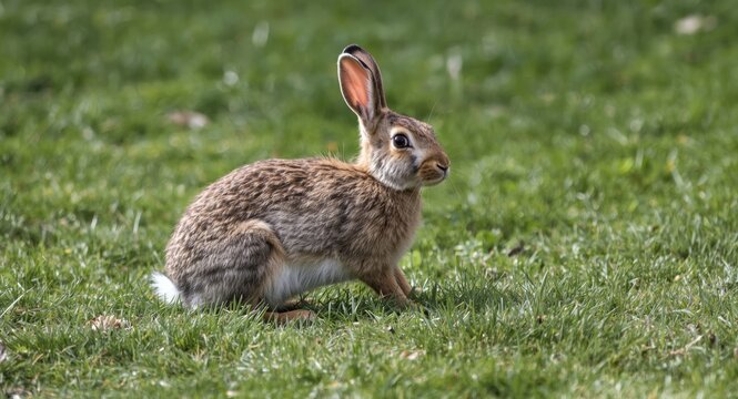 Delightful young hare full length in gentle spring sunshine on grassy patch