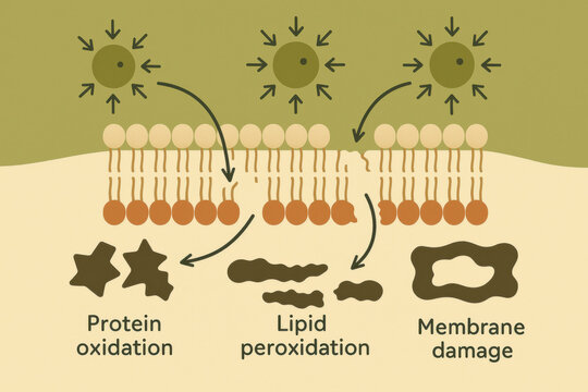 Scientific illustration of oxidative stress detailing damaging pathway from free radicals. Educational diagram shows lipid peroxidation and protein oxidation on cell membrane