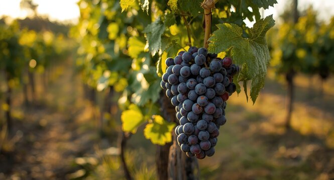 natural grape cluster ripening on vine in sunny vineyard