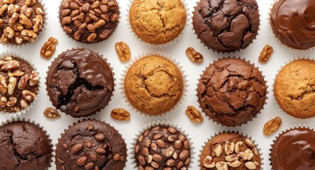 Diverse collection of muffins, walnut cakes, and chocolate flavored cakes arranged on white