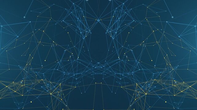 Neural Network Big Data Flow Visualization. Connected nodes blue and yellow lines - complex network animation. Seamless loop 4k