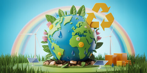 Fototapeta premium Eco friendly earth with leaves and recycling symbol, green technology