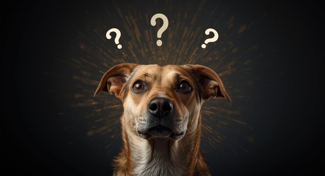 Confused dog looking at radiant question mark symbols on plain space for text